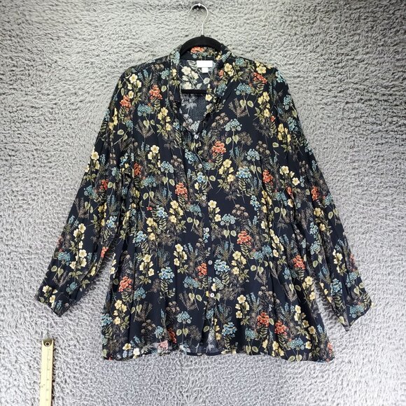 J. Jill Top Womens XL Black Floral Button Front Long Sleeve Lightweight Blouse - Picture 1 of 10